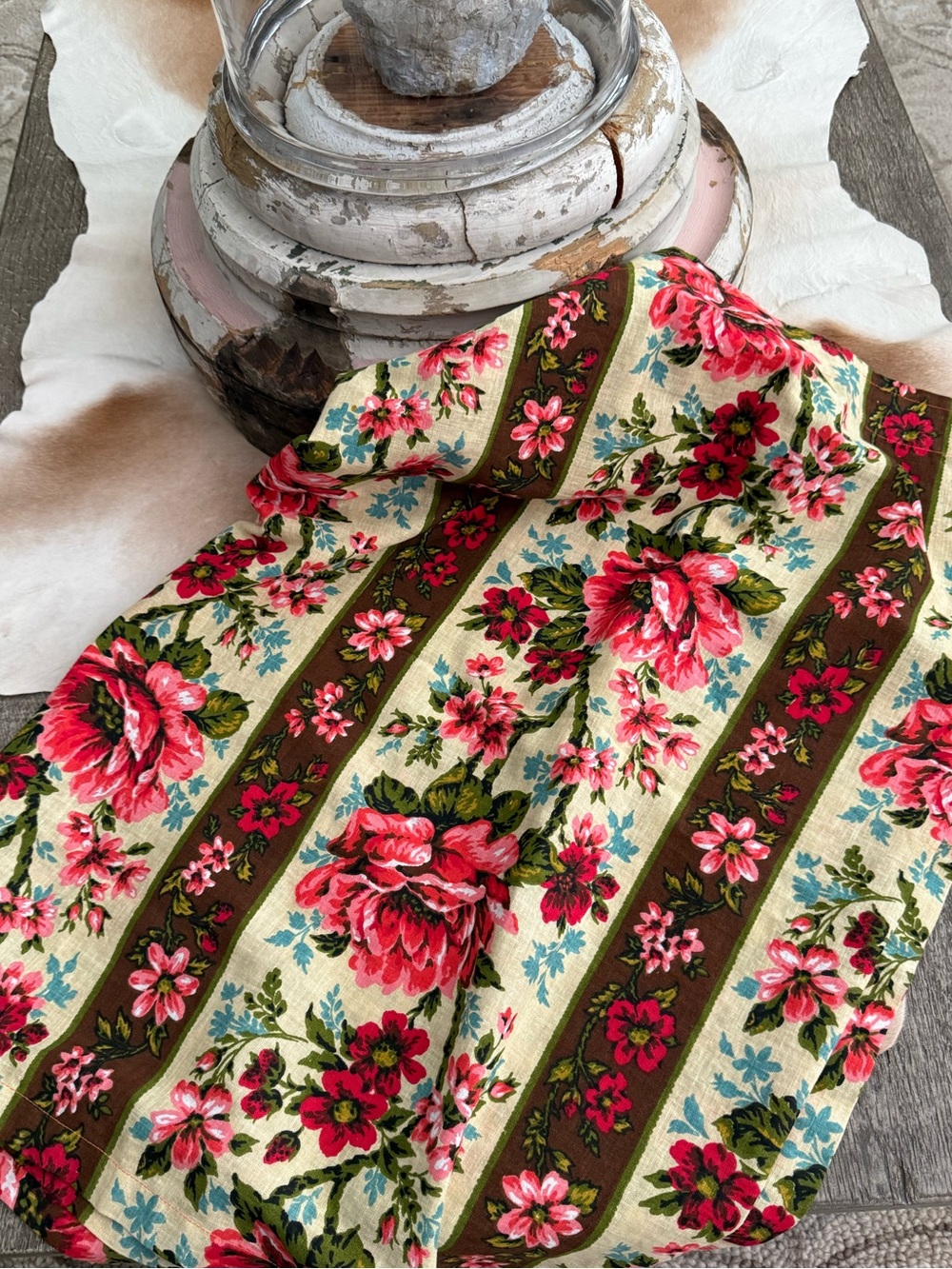 Vintage Floral Stripe Cotton Fabric Valance Curtain/Table Runner